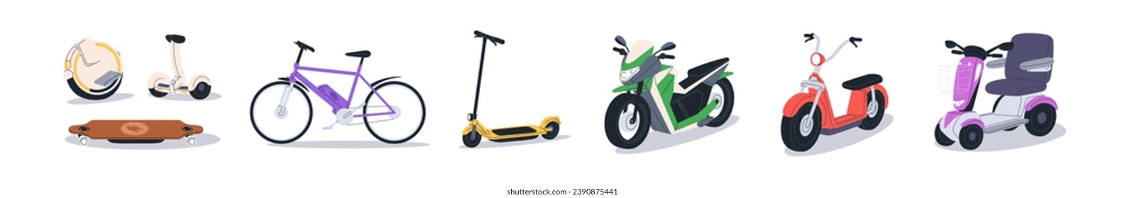 Electric transport types set. Eco urban vehicles. Kick scooter, bicycle, bike, motorbike, board and mono-wheel. Modern ecological green EVs. Flat vector illustrations isolated on white background