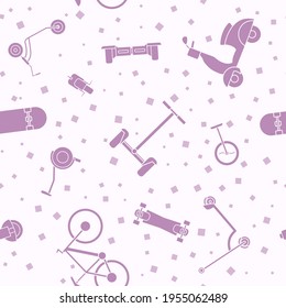 Transporte eléctrico - Fondo vectorial (patrón ininterrumpido) de siluetas scooter, skate, skateboard y bici para diseño gráfico