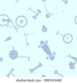 Electric transport - Vector background (seamless pattern) of silhouettes scooter, skate, skateboard and bike for graphic design