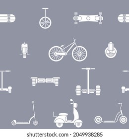 Elektrischer Transport - Vektorhintergrund (nahtloses Muster) aus Silhouetten-Roller, Skate, Skateboard und Fahrrad für Grafikdesign