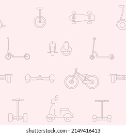 Transporte eléctrico - Fondo vectorial (patrón ininterrumpido) de patinaje, patineta, patineta y bicicleta para diseño gráfico