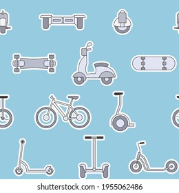 Elektrotransport - Vektorfarbener Hintergrund (nahtloses Muster) von Roller, Skate, Skateboard und Fahrrad für Grafikdesign