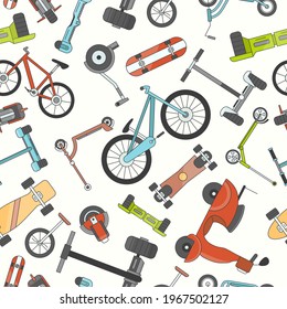 Electric transport - Vector color background (seamless pattern) of scooter, skate, skateboard and bike for graphic design