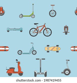 Electric transport - Vector color background (seamless pattern) of scooter, skate, skateboard and bike for graphic design