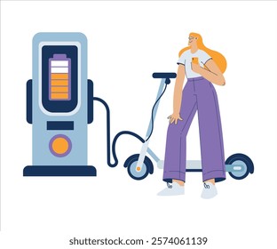 Electric Transport with Woman Character Charge Motor Scooter Vector Illustration