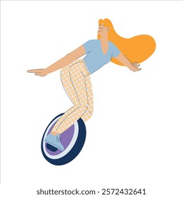 Electric Transport with Woman Character Ride Unicycle Vector Illustration