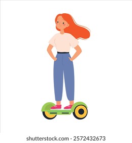 Electric Transport with Woman Character Ride Hoverboard Vector Illustration