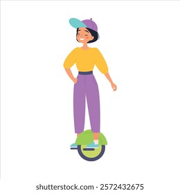 Electric Transport with Woman Character Ride Unicycle Vector Illustration