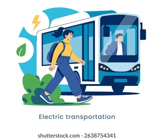 Electric Transportation Concept. Woman using a modern electric bus, highlighting sustainable urban mobility. Green energy symbolized with leaf and lightning icons.