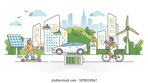 Electric transportation with green alternative energy batteries consumption outline concept. Carbon emissions free urban zone with sustainable and nature friendly transport system vector illustration.