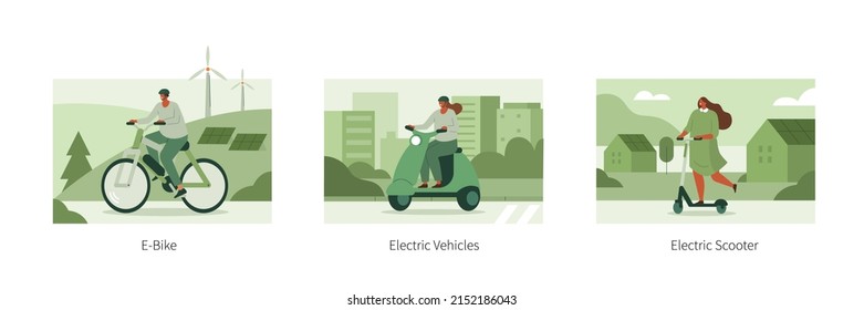 Electric transportation illustration set. Characters in modern eco city driving electric motorcycle, e-bike and scooter. Eco friendly vehicle concept. Vector illustration.