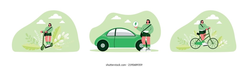 Electric transportation illustration set. Characters driving electric car, bike, scooter. Eco friendly vehicle concept. Vector illustration.