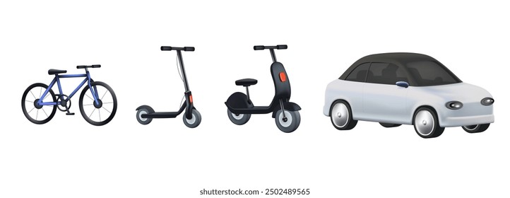 Electric transportation illustration set. Driving electric car, bike, scooter and motorcycle. Eco friendly vehicle concept. Vector 3D style illustration