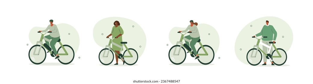 Electric transportation illustrations set. Characters driving electric bike. Eco friendly vehicle concept. Vector illustration