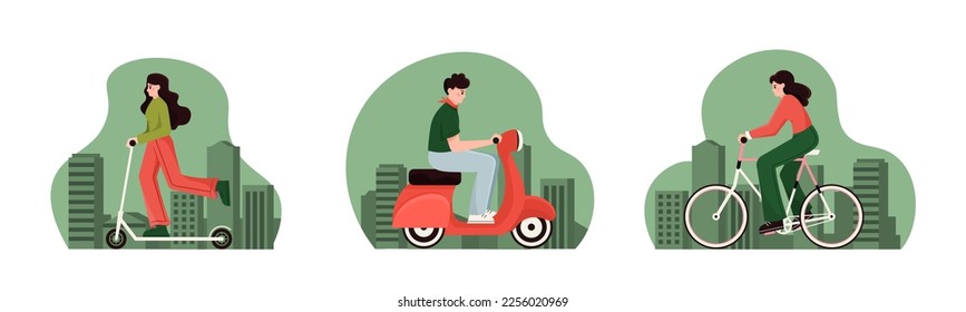 Electric transportation set. Eco friendly vehicle concept. People ride on scooter, motorcycle and bike. Environmental and nature protection concept. Flat vector illustration