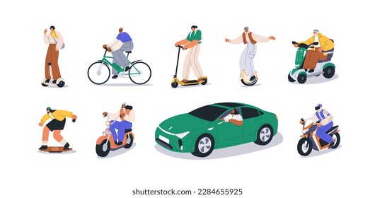 Electric transports set  Eco  friendly green vehicles  People ride  drive car  scooter  bicycle  bike  modern transportation  Flat graphic vector illustrations isolated white background 