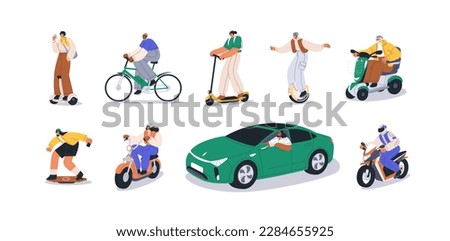 Electric transports set. Eco-friendly green vehicles. People ride, drive car, scooter, bicycle, bike, modern transportation. Flat graphic vector illustrations isolated on white background.
