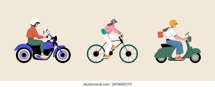 Juego de transportes eléctricos. Las mujeres montan, montan en bicicleta, en bicicleta, en el transporte moderno. Ilustraciones vectoriales gráficas planas.