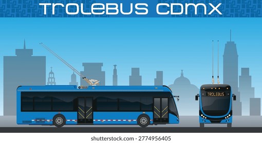 Electric trolleybus vector illustration in Mexico City urban skyline, public transport concept