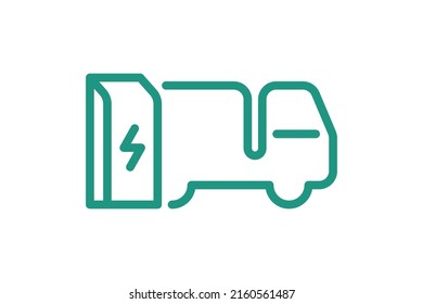 Electric Truck Charging In Charger Station Linear Icon. Electrical Lorry Energy Charge Green Symbol. Eco Friendly Electro Vehicle Recharge Sign. Vector Battery Powered EV Transportation Eps Logo