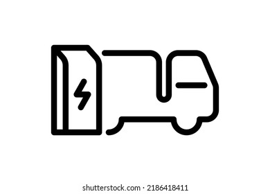 Electric Truck Charging In Charger Station Linear Icon. Electrical Lorry Energy Charge Black Symbol. Eco Friendly Electro Vehicle Recharge Sign. Vector Battery Powered EV Transportation Eps Logo