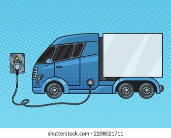 electric truck charging from power outlet socket pinup pop art retro vector illustration. Comic book style imitation.