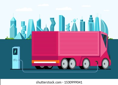 Electric truck at charging station. Hybrid futuristic semi trailer vechicle on future city. Modern e-vehicle technology and environment care concept. Flat eco friendly cargo vector illustration