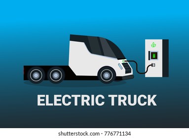 Electric Truck At Charging Station Icon Hybrid Trailer Vechicle Flat Vectro Illustration