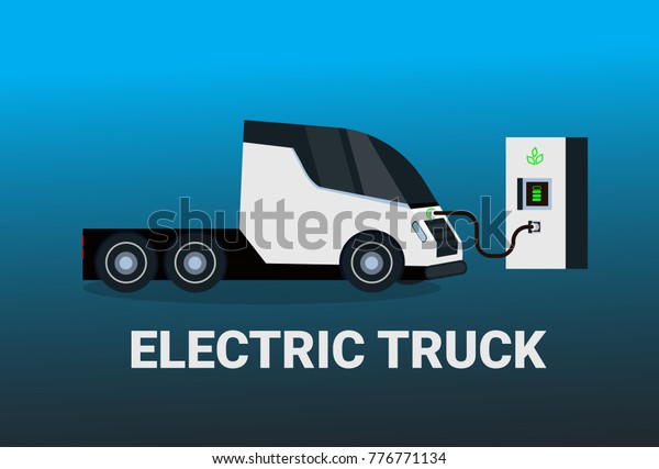 Electric Truck At Charging Station Icon\
Hybrid Trailer Vechicle Flat Vectro\
Illustration