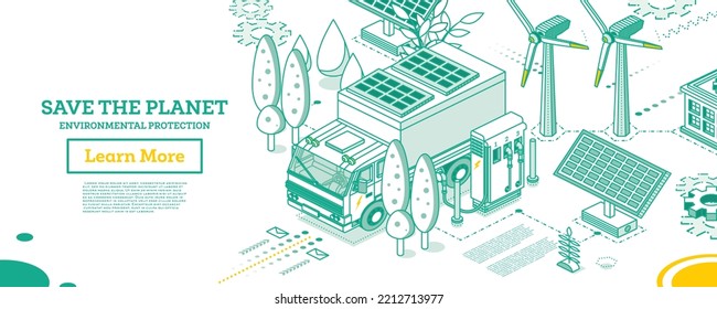 Electric Truck with Charging Station. Isometric Outline Concept. Solar Panels and Wind Turbines on a Background. Save the Planet Concept. Ecology Conservation. Vector Illustration.