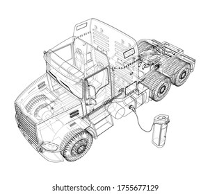 Electric Truck Charging Station Sketch. Vector rendering of 3d. Wire-frame style. The layers of visible and invisible lines are separated