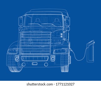 Electric Truck Charging Station Sketch. Vector rendering of 3d. Wire-frame style. The layers of visible and invisible lines are separated
