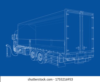 Electric truck is charging from the charging station. Vector outline. Commercial vehicle. Cargo delivering vehicle. View from side, front, back, top.