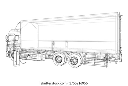 Electric truck is charging from the charging station. Vector outline. Commercial vehicle. Cargo delivering vehicle. View from side, front, back, top.