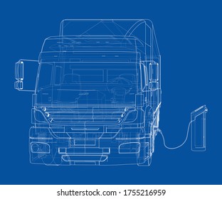 Electric truck is charging from the charging station. Vector outline. Commercial vehicle. Cargo delivering vehicle. View from side, front, back, top.