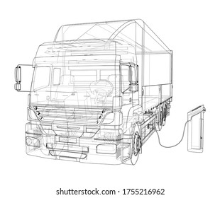 Electric truck is charging from the charging station. Vector outline. Commercial vehicle. Cargo delivering vehicle. View from side, front, back, top.