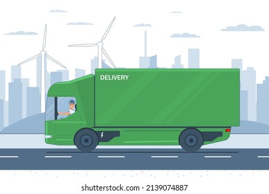 An Electric Truck With A Driver Makes A Delivery. Vector Illustration.