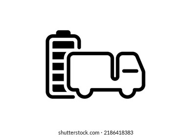 Electric truck with fully charged battery energy indicator black linear icon. Electrical transportation lorry accumulator charger symbol. Electro charging auto. Eco friendly vehicle recharge eps sign