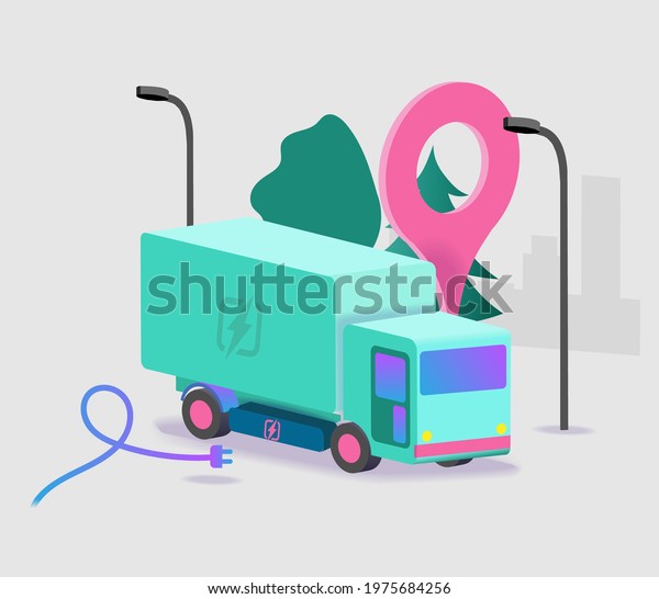 Electric truck in isometry against the\
background of trees and urban\
landscape