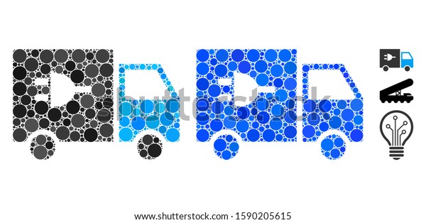 Electric truck mosaic of\
circle elements in different sizes and color tinges, based on\
electric truck icon. Vector circle elements are combined into blue\
collage.