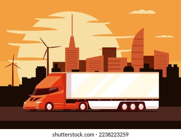 Electric truck on the background of the cityscape at sunset and wind turbines. Vector illustration.