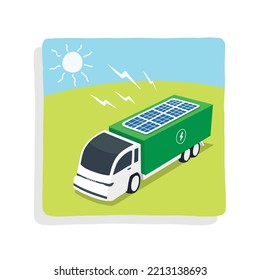 Electric Truck With Solar Panel Powered On Green Hill Background. Alternative Energy Concept