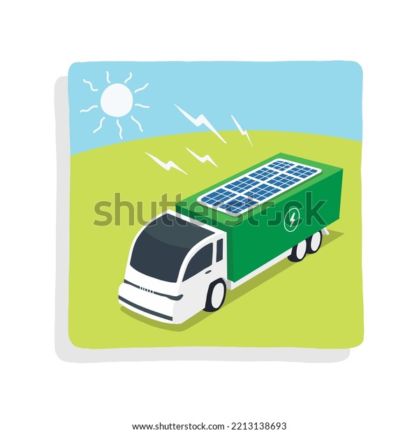 Electric truck with solar\
panel powered on green hill background. alternative energy\
concept