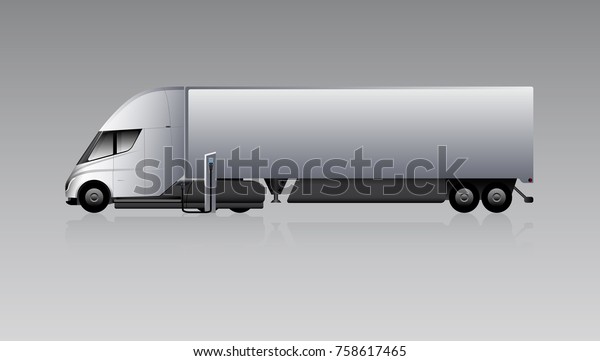 Electric truck with trailer is\
charged at the charging station. Vector illustration EPS\
10
