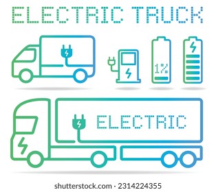 electric truck vector icons set truck, van, charge station, plug, eco power, transport, logistics, green energy