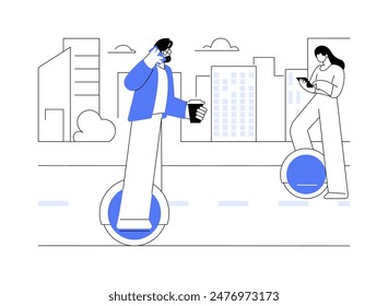 Electric unicycle isolated cartoon vector illustrations. Man talks on the phone and rides on a monowheel scooter, urban lifestyle, city transportation, public electric transport vector cartoon.