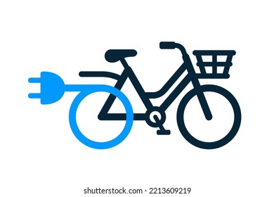 Electric urban utility bicycle or cargo e-bike with basket and rack for transportation in the city - vector illustration icon