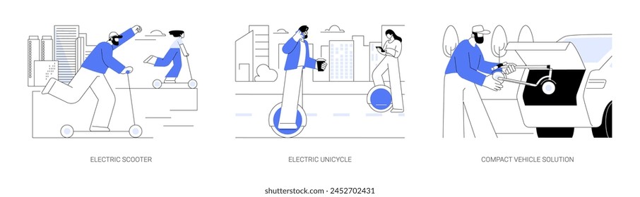 Electric urban vehicles isolated cartoon vector illustrations set. Happy man riding electric scooter, hipster guy on on a monowheel, foldable compact vehicle, eco-friendly transport vector cartoon.