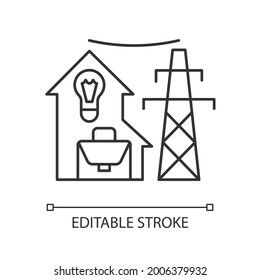 Icono lineal de utilidad eléctrica. Producción de energía eléctrica. Compra de energía. Ilustración personalizable de línea delgada. Símbolo de contorno. Dibujo de contorno aislado del vector. Trazo editable