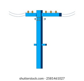 Electric utility pole with wires 2D cartoon object. Powerlines insulators. Electricity distribution infrastructure isolated element flat vector clipart on white background. Spot illustration